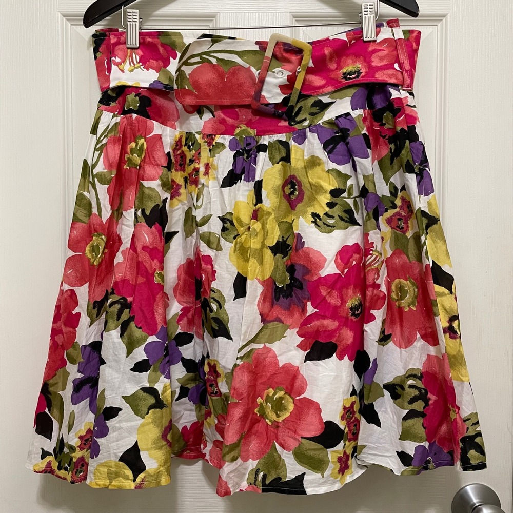Apt 9 Floral Belted A-Line Skirt Knee Length Cotton Lined Vibrant Colorful Sz 10
